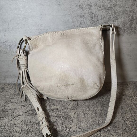 Lucky Brand Crossbody Bag Womens Small Beige Leather Adjustable Strap Boho Purse - Picture 1 of 8